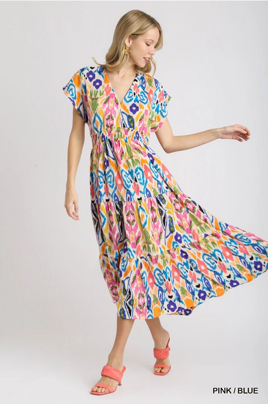 Smocked Waist Abstract Midi Dress