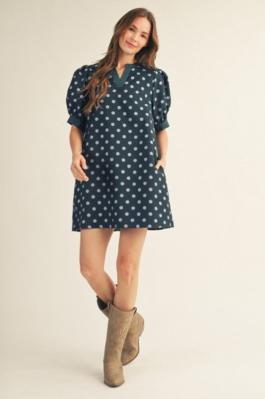 Hunter Green Puff Polka Dress