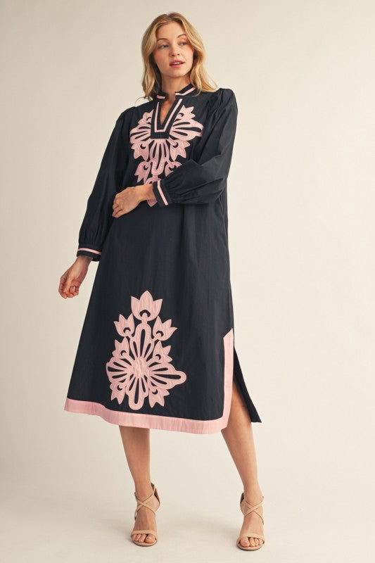 Navy & Pink Appliqué Midi Dress