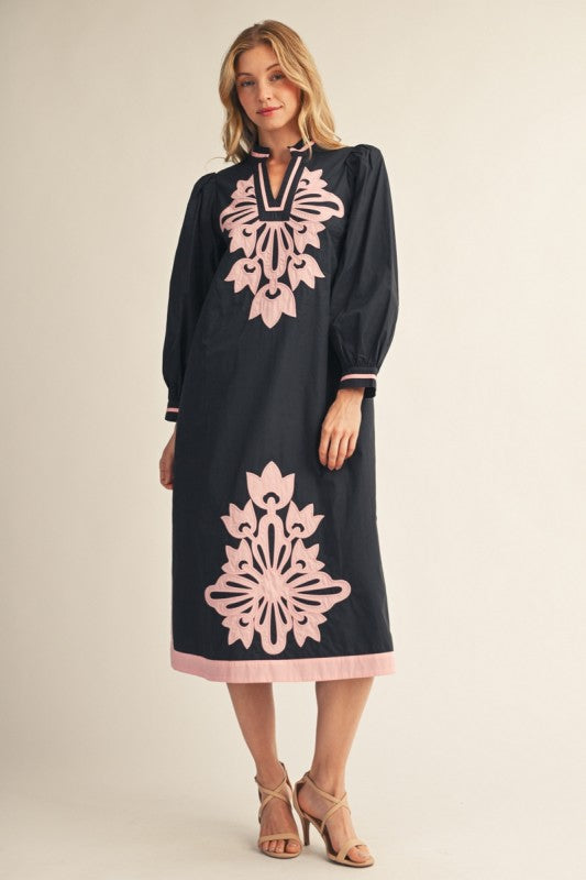 Navy & Pink Appliqué Midi Dress