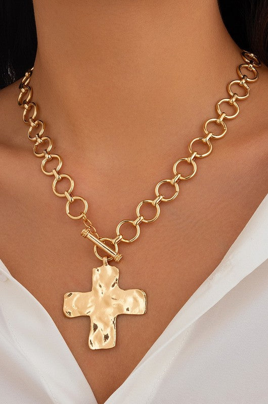 Hammered Cross Toggle Necklace