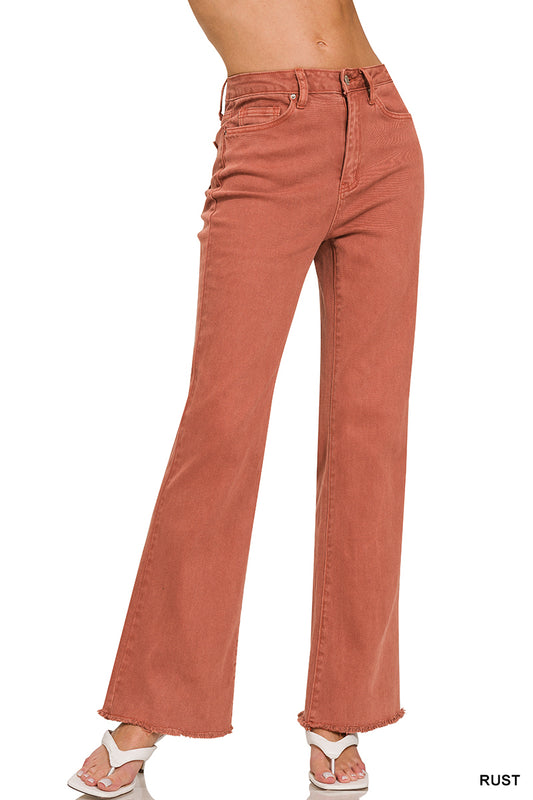 Rust Frayed Hem Straight Wide Pants