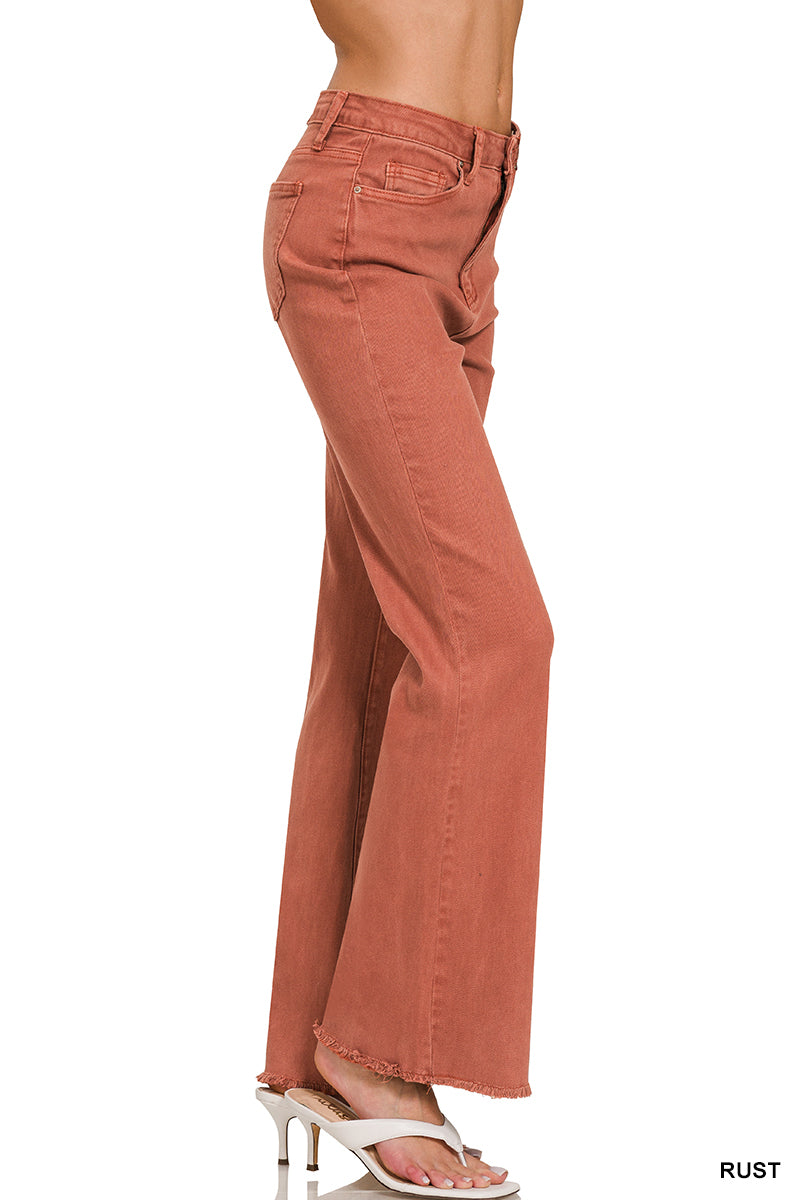 Rust Frayed Hem Straight Wide Pants
