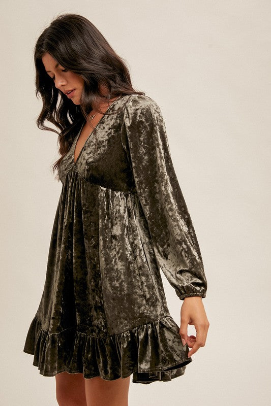Olive Crushed Velvet Babydoll Dress