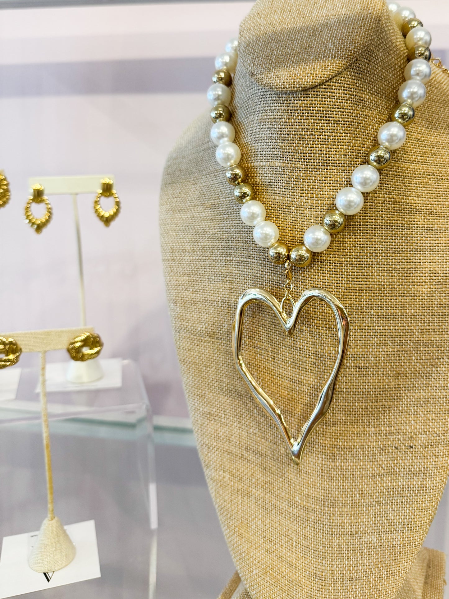 Large Gold & Pearl Heart Pendant Necklace