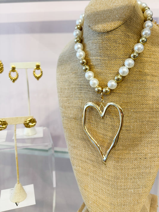 Large Gold & Pearl Heart Pendant Necklace