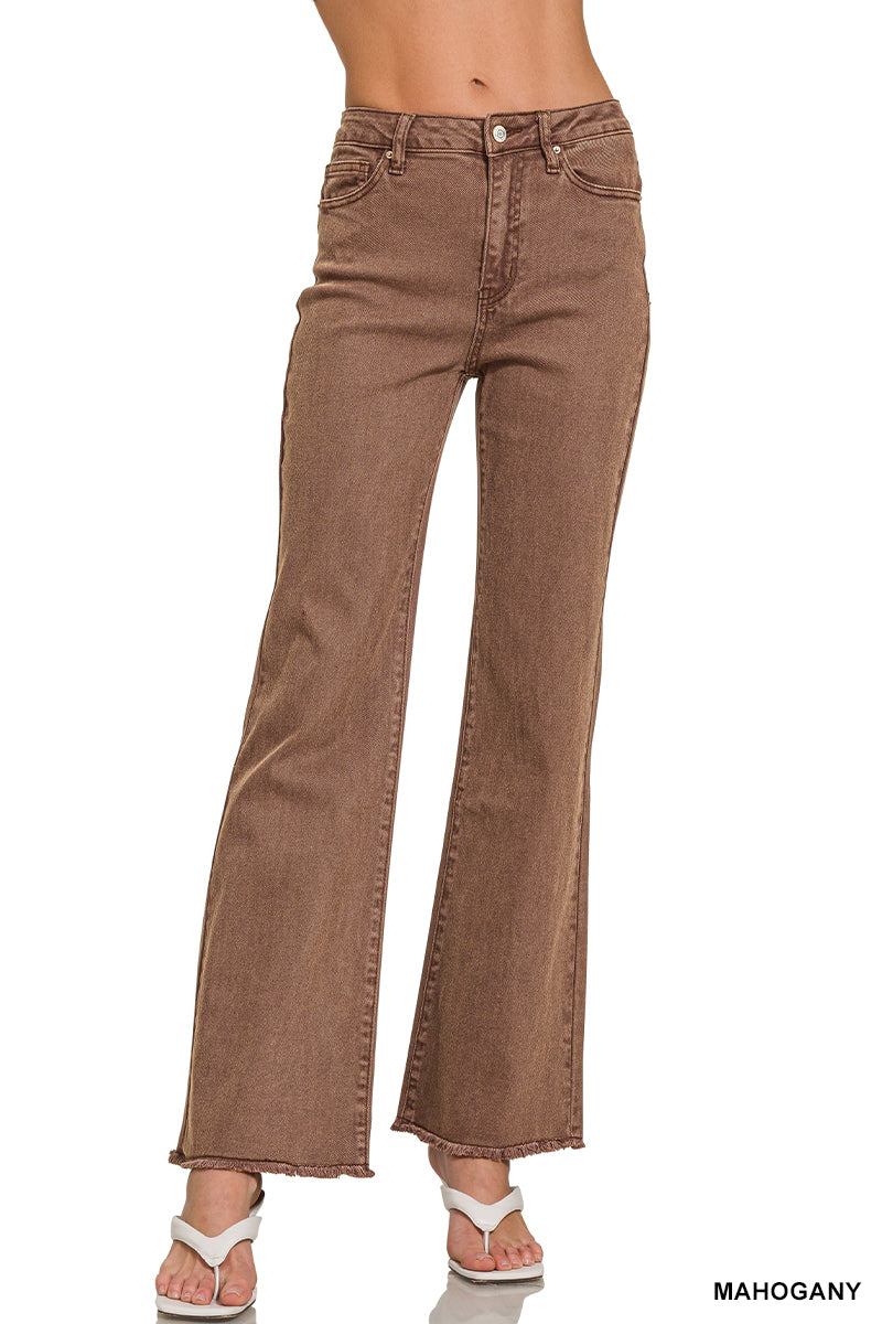 Mahogany Frayed Hem Straight Wide Pants
