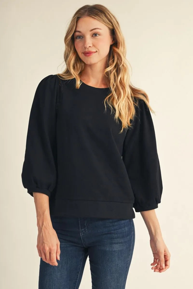 Casual 3/4 Lace Trim Puff Sleeve