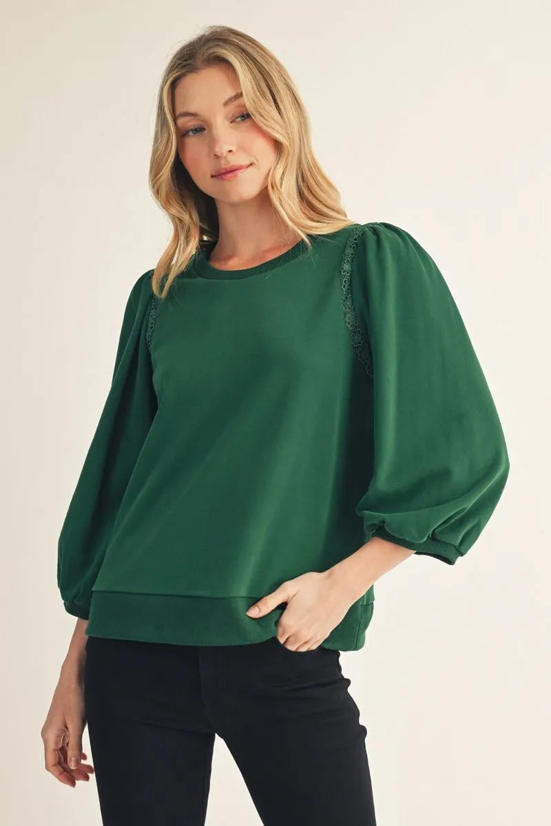 Casual 3/4 Lace Trim Puff Sleeve