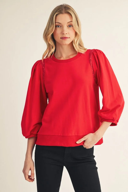 Casual 3/4 Lace Trim Puff Sleeve