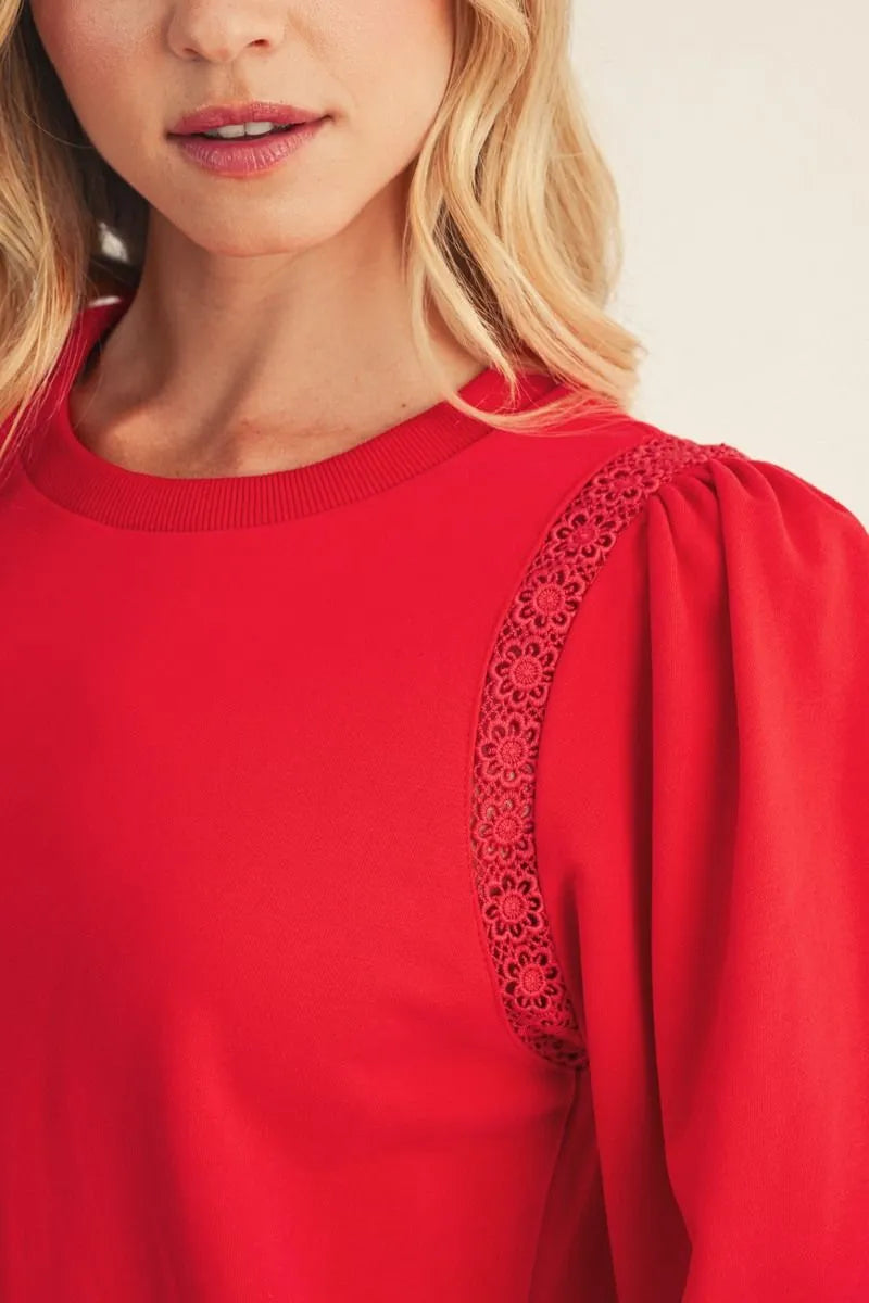 Casual 3/4 Lace Trim Puff Sleeve