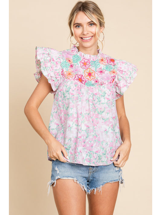 Frilled Sleeve and Embroidered Top