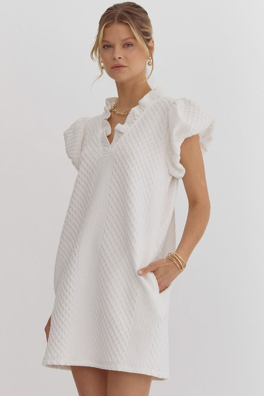 Textured White Bubble Sleeve Dress