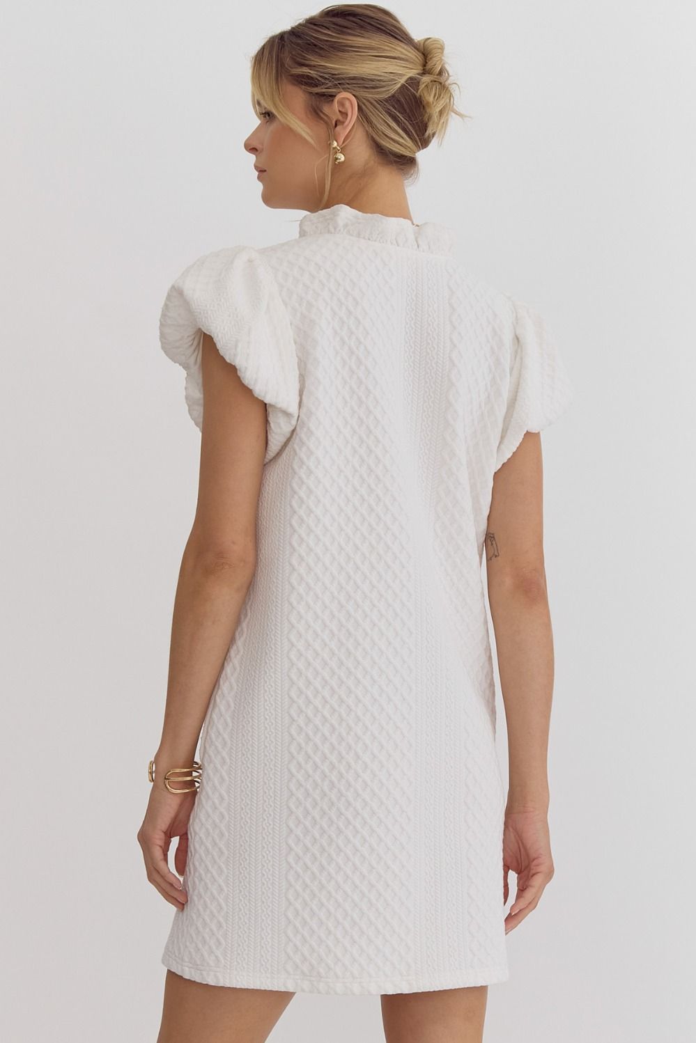 Textured White Bubble Sleeve Dress