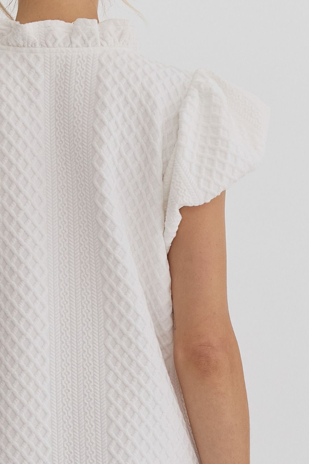 Textured White Bubble Sleeve Dress