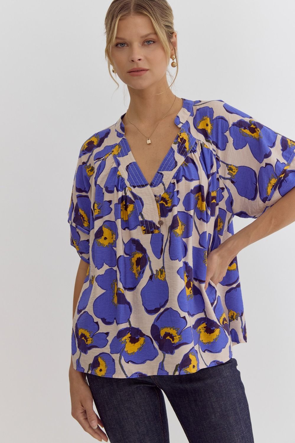 Indigo Floral Button Detail Blouse