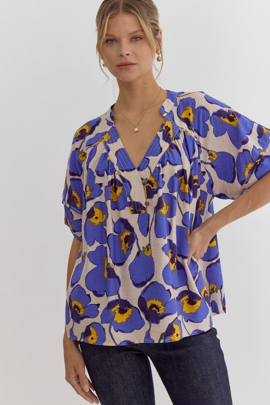 Indigo Floral Button Detail Blouse