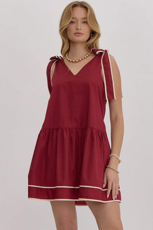 Crimson Shoulder Tie Mini Dress