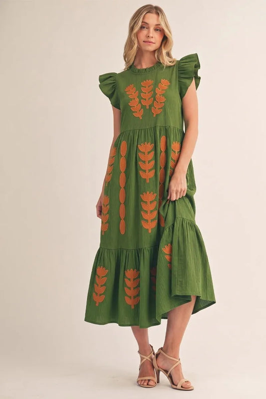 Embroidered Green + Orange Midi Dress