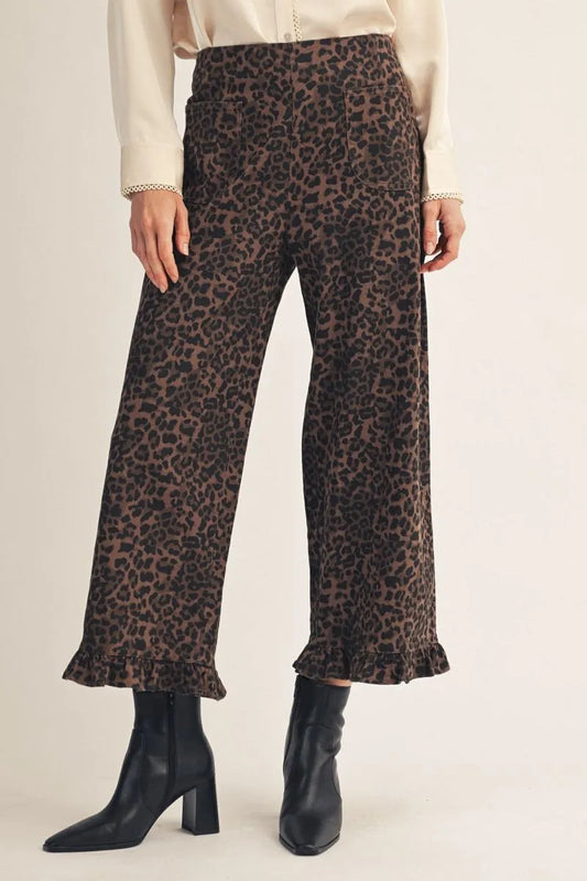 Ruffle Hem Brown Leopard Straight Pants