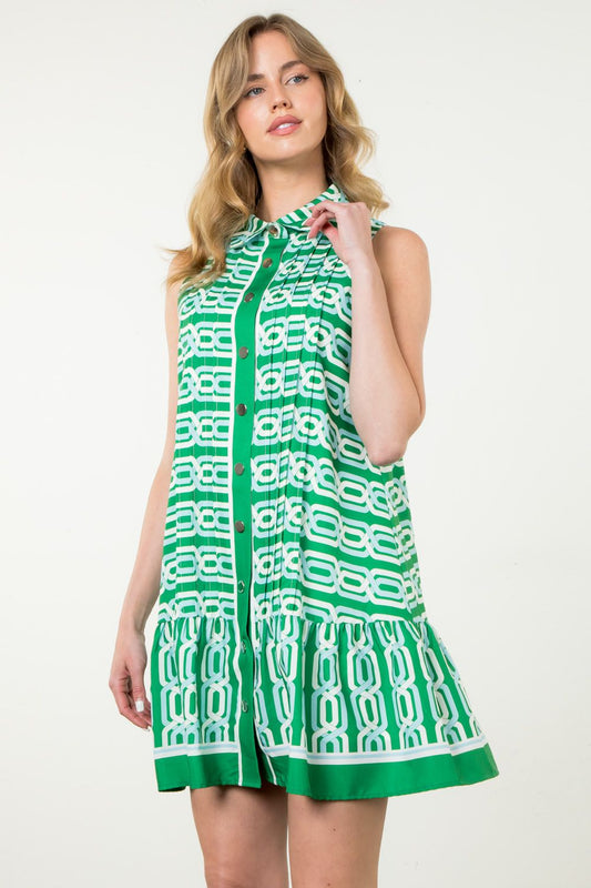 Green Collared Printed Dress