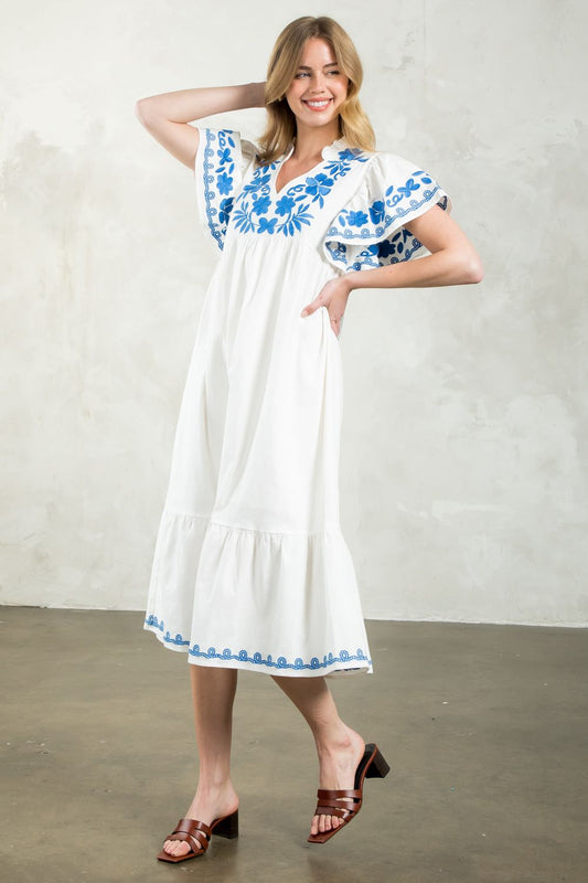 Blue + White Embroidered Midi Dress