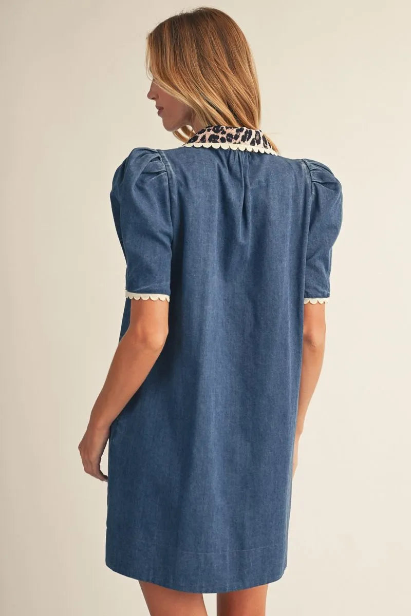 Washed Denim Leopard Detail Dress