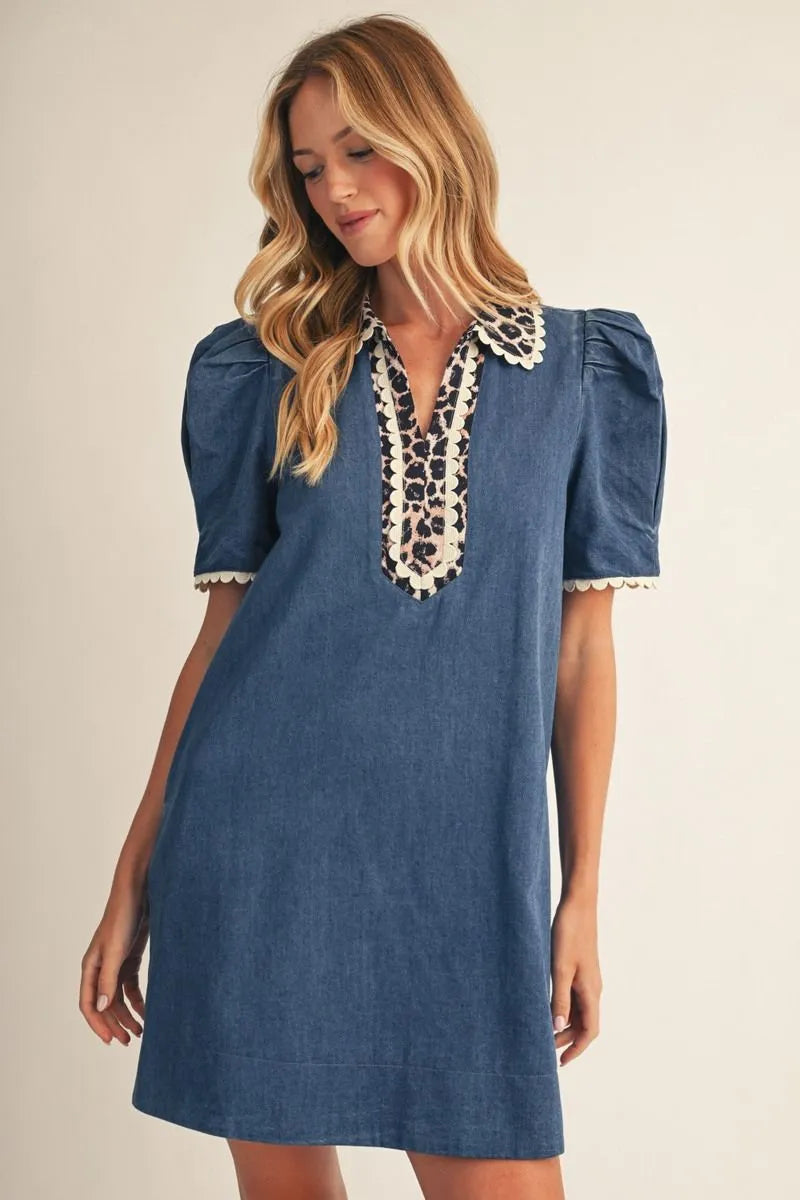 Washed Denim Leopard Detail Dress