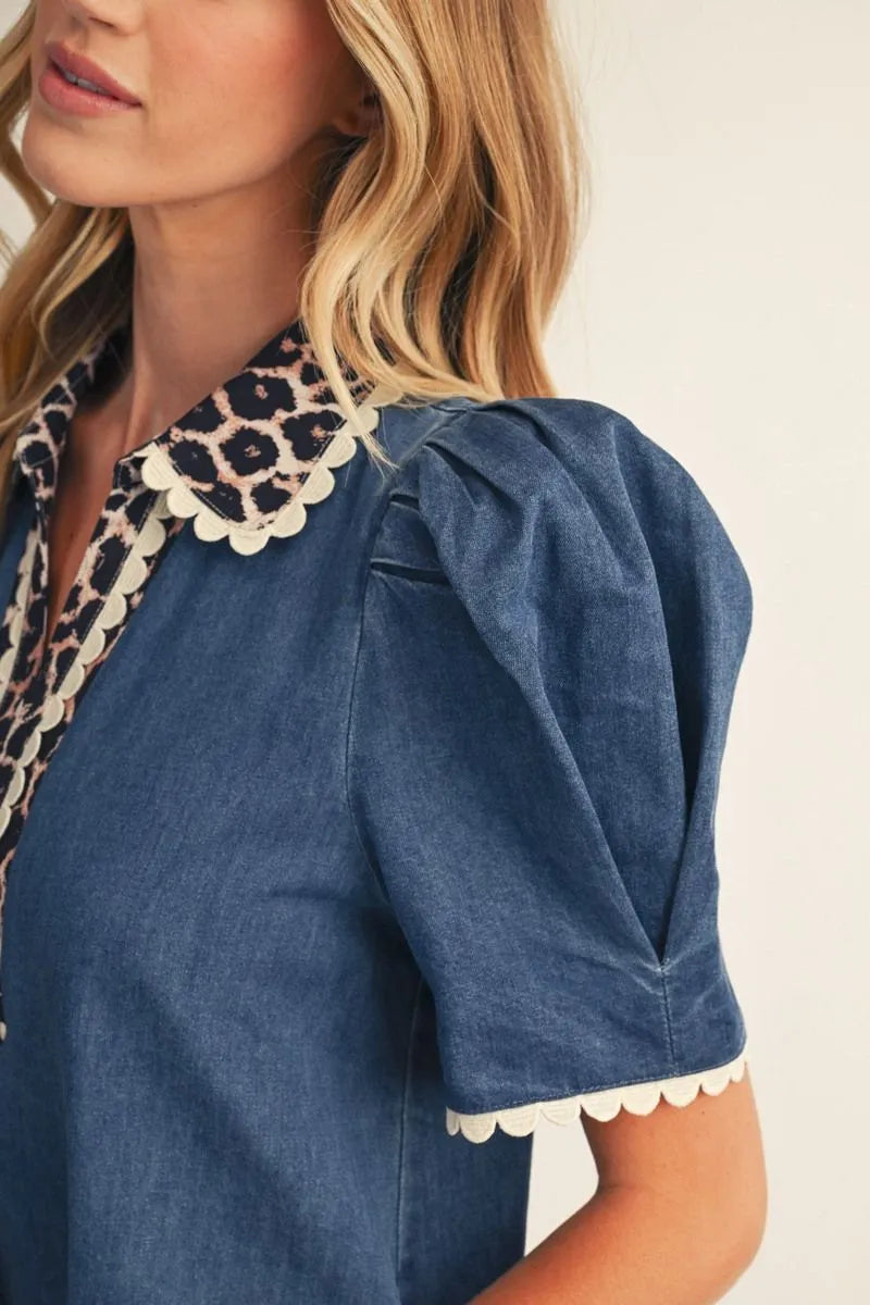Washed Denim Leopard Detail Dress
