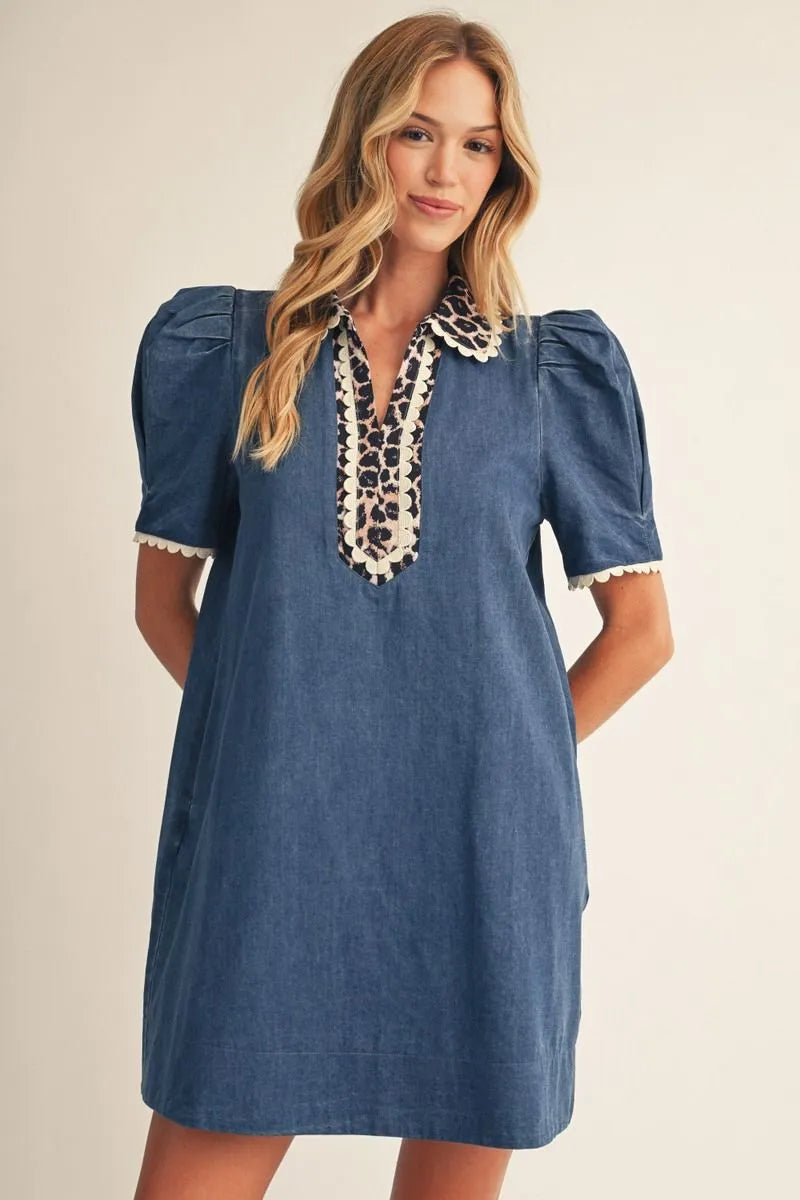 Washed Denim Leopard Detail Dress