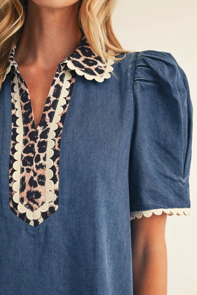 Washed Denim Leopard Detail Dress