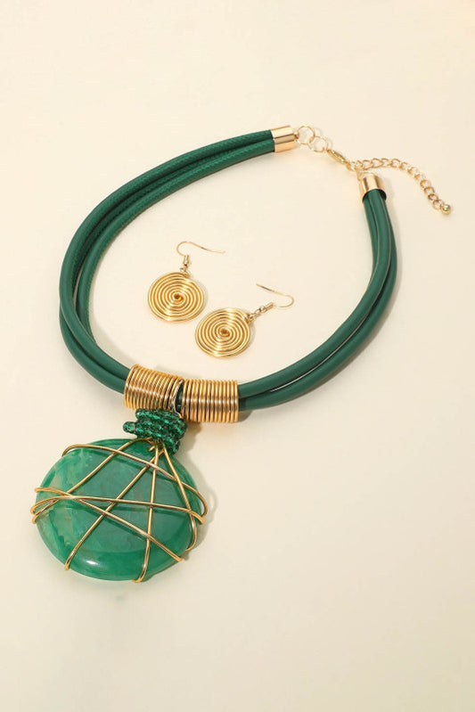 Green ROCK + Leather Necklace