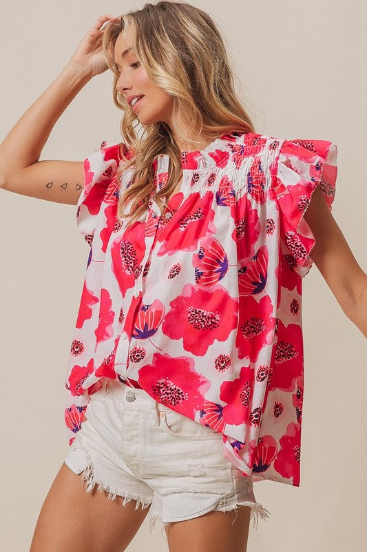 Fuchsia Floral Flutter Sleeve Button Down