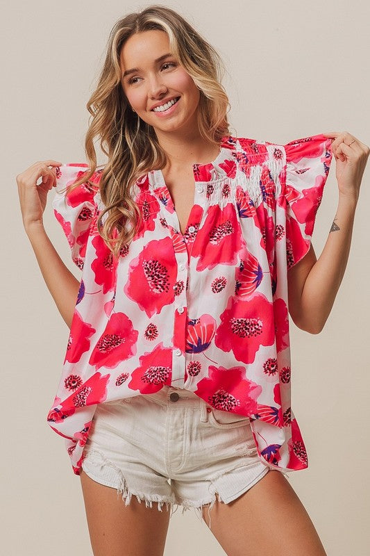 Fuchsia Floral Flutter Sleeve Button Down