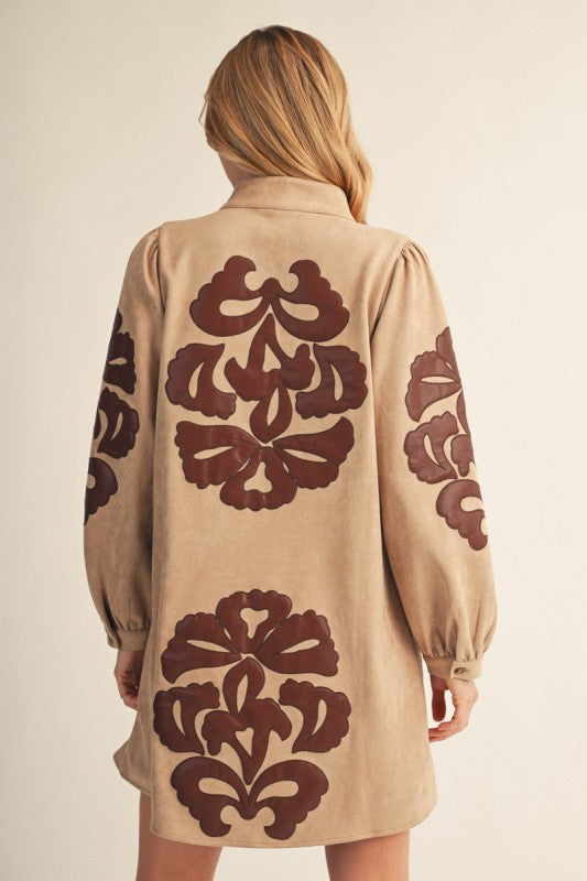 Embroidered Faux Leather Appliqué Dress