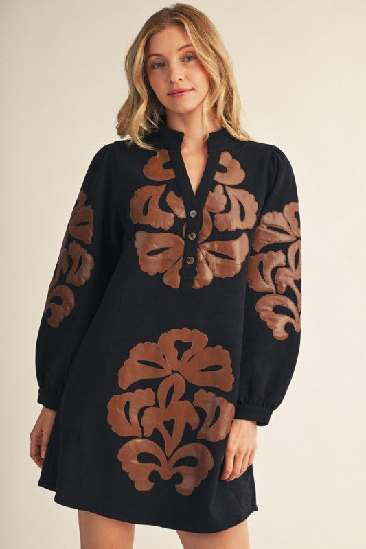 Embroidered Faux Leather Appliqué Dress