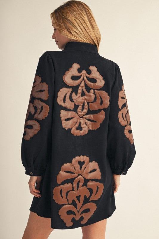 Embroidered Faux Leather Appliqué Dress