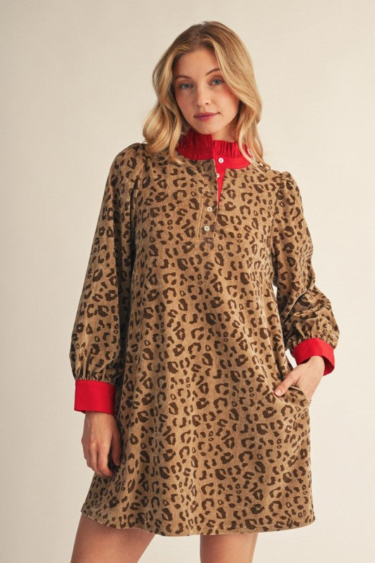 Faux Suede Leopard Red Accent Dress