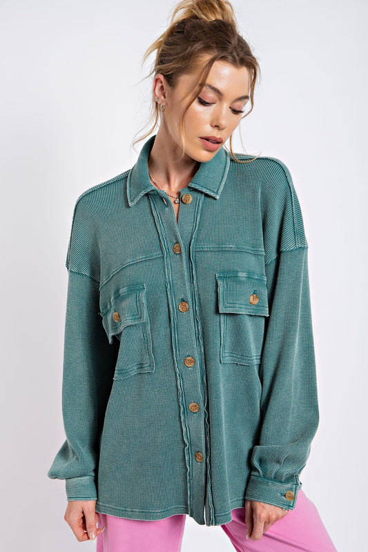 Teal Washed Thermal Knit Button Shacket