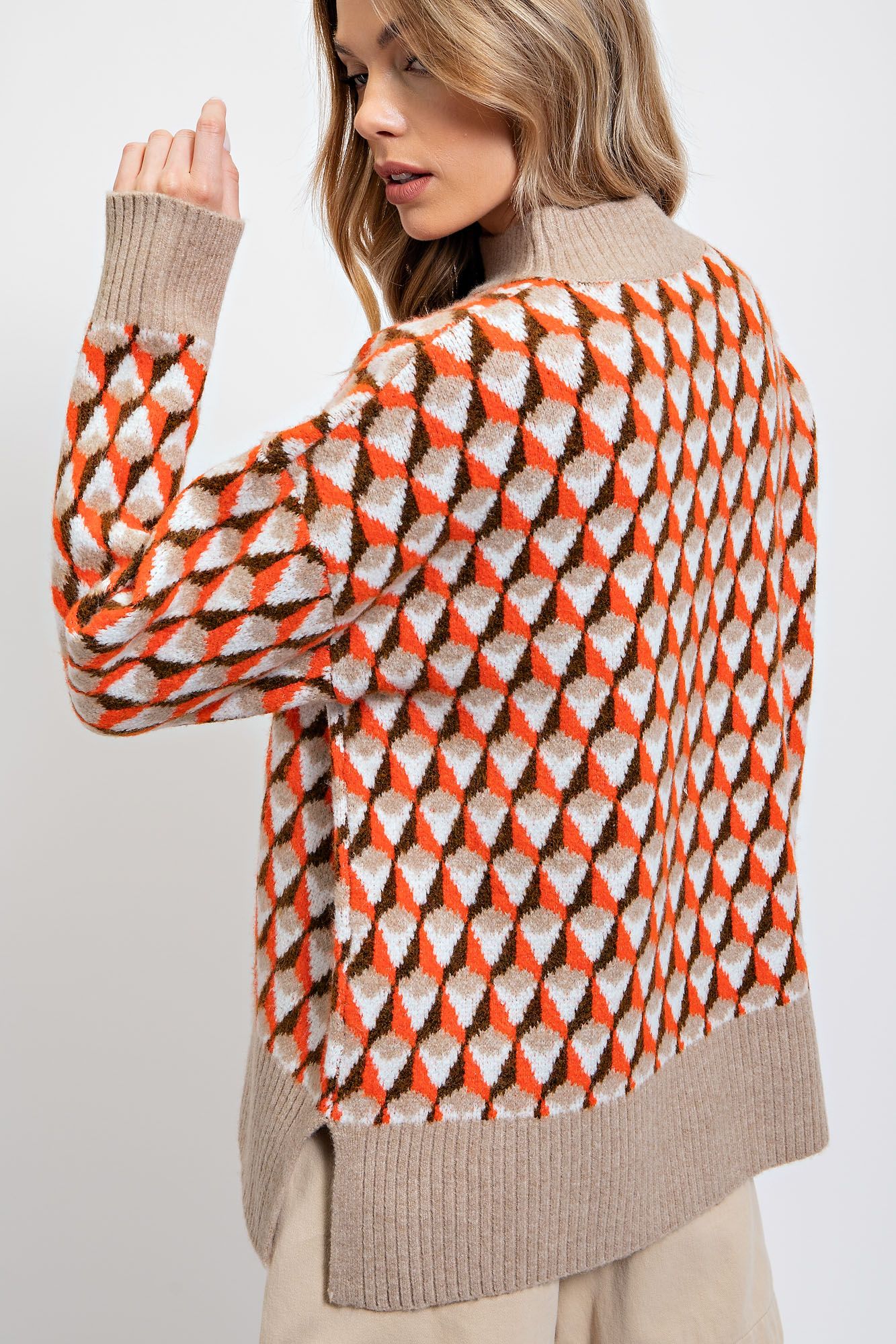 Orange + Khaki Scale Pattern Knit Sweater