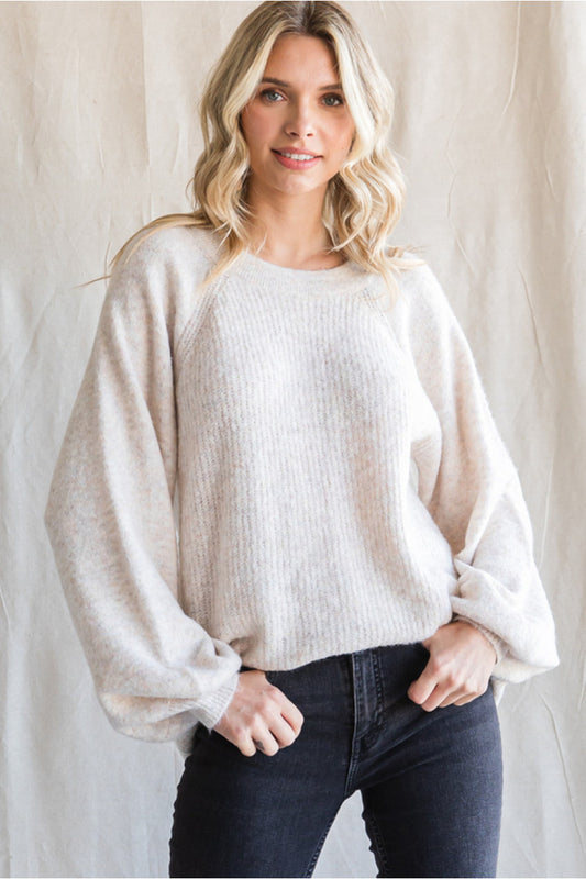 Oatmeal Raglan Lantern Sleeve Sweater