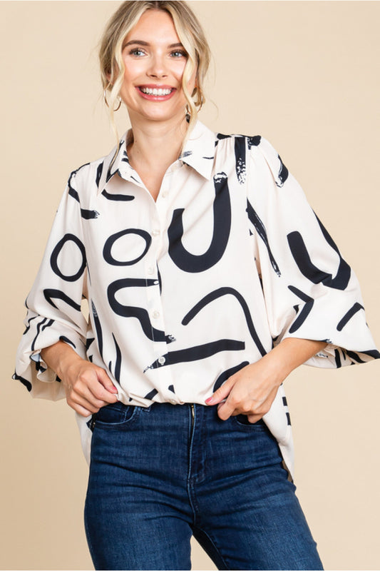 Doodle Print Button Up with Smocked Cuff