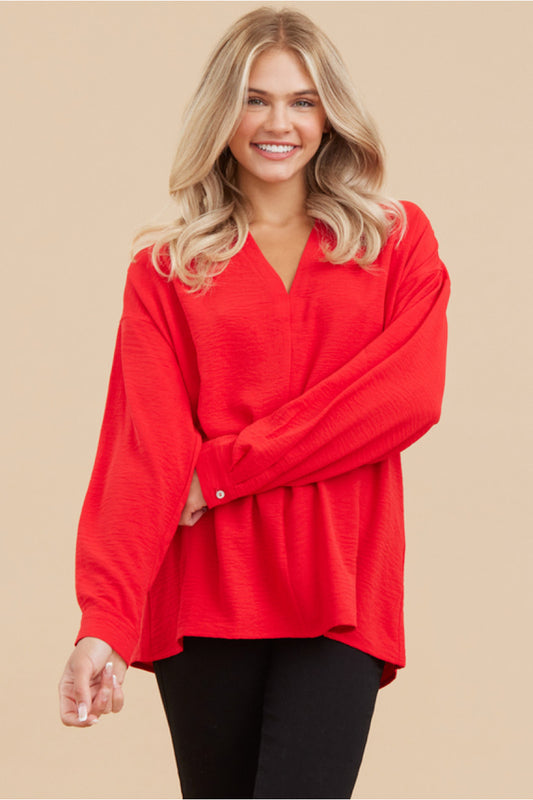Button Cuff Flowy V-Neck