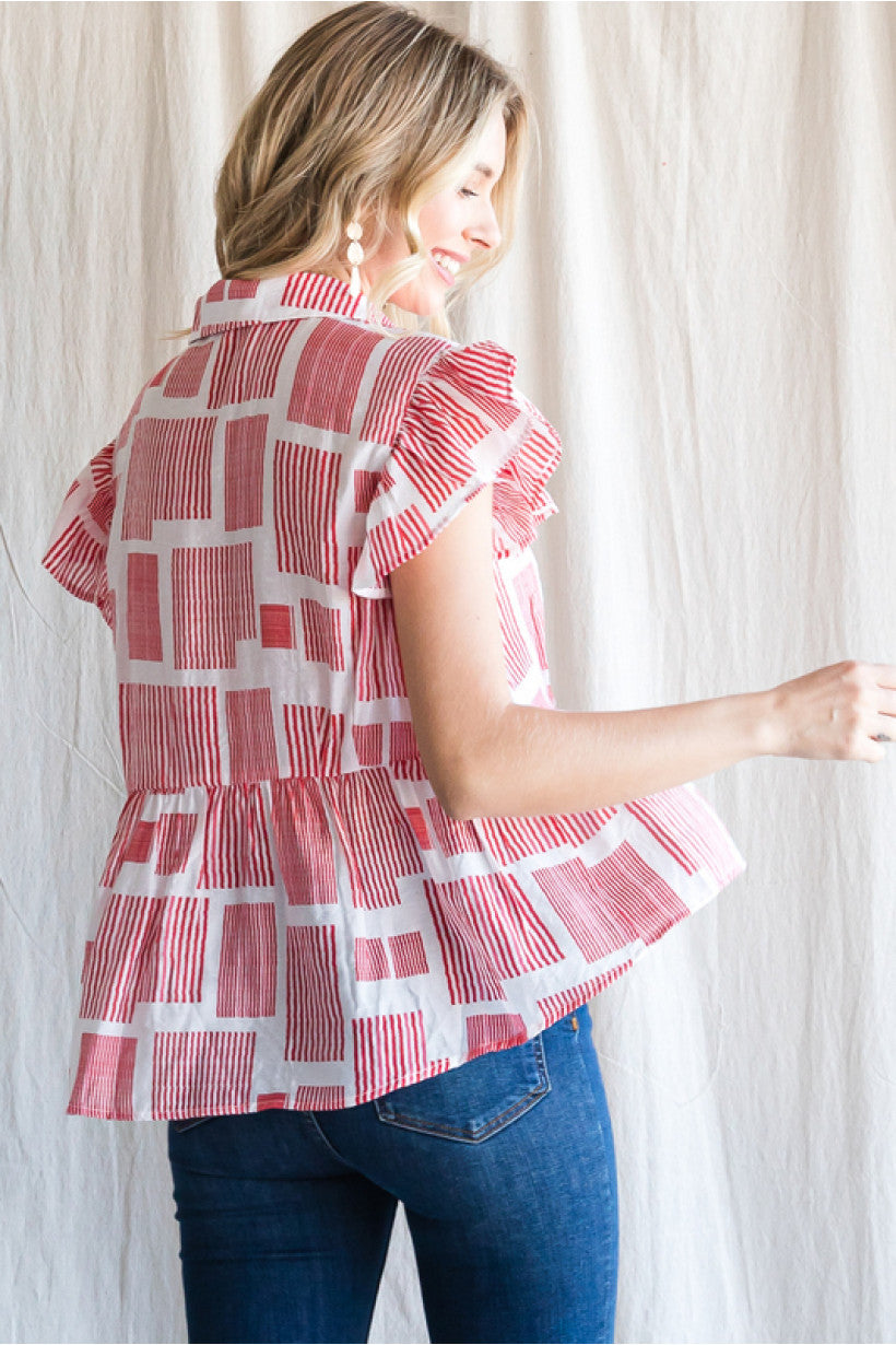 Red Abstract Stripe Peplum Top