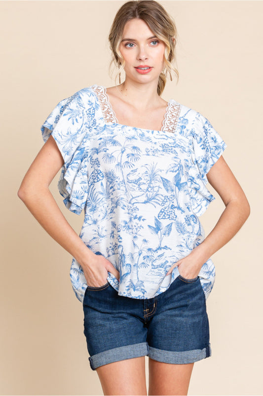 Lace Accent Blue Floral Top