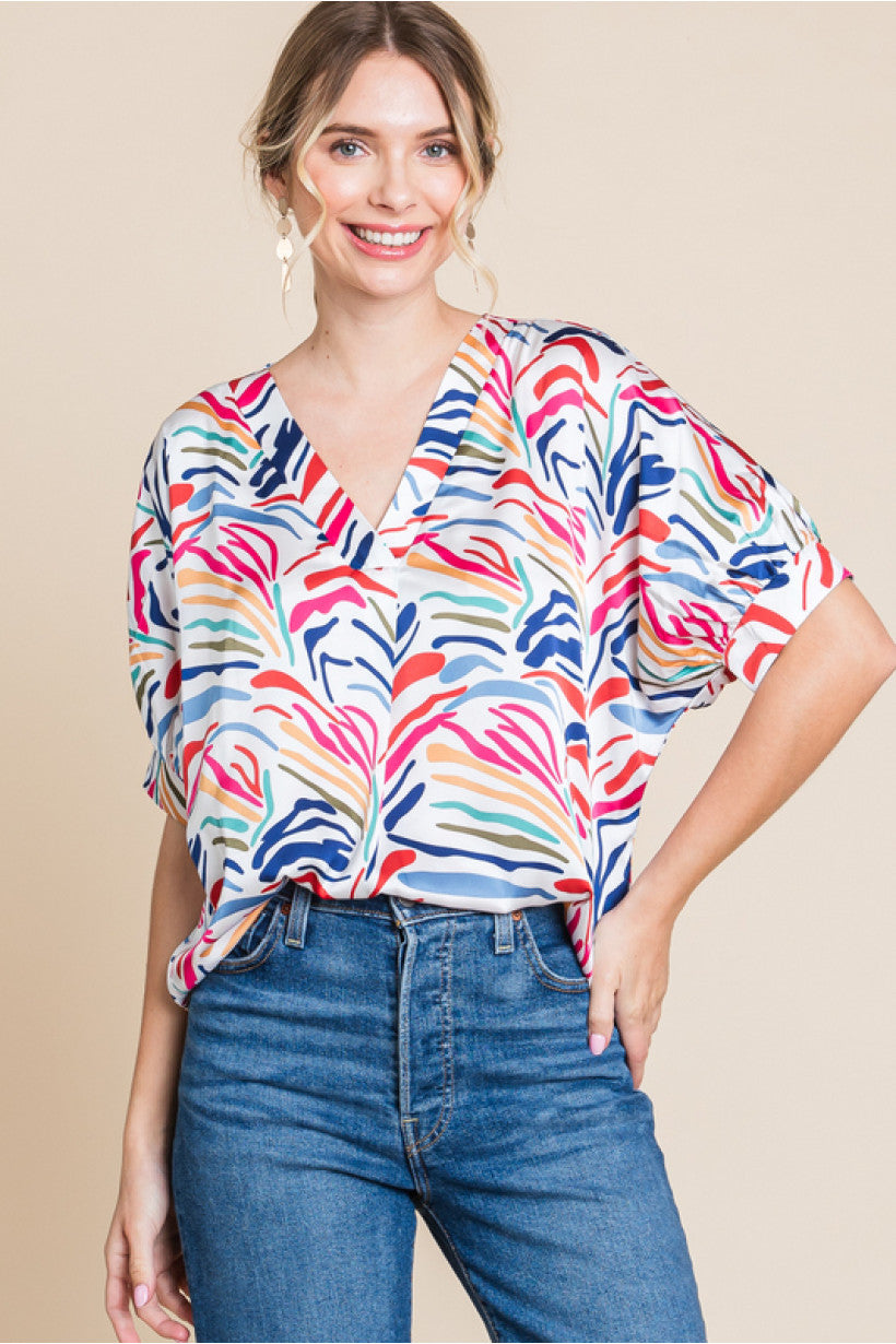 Satin Print V-Neck Top