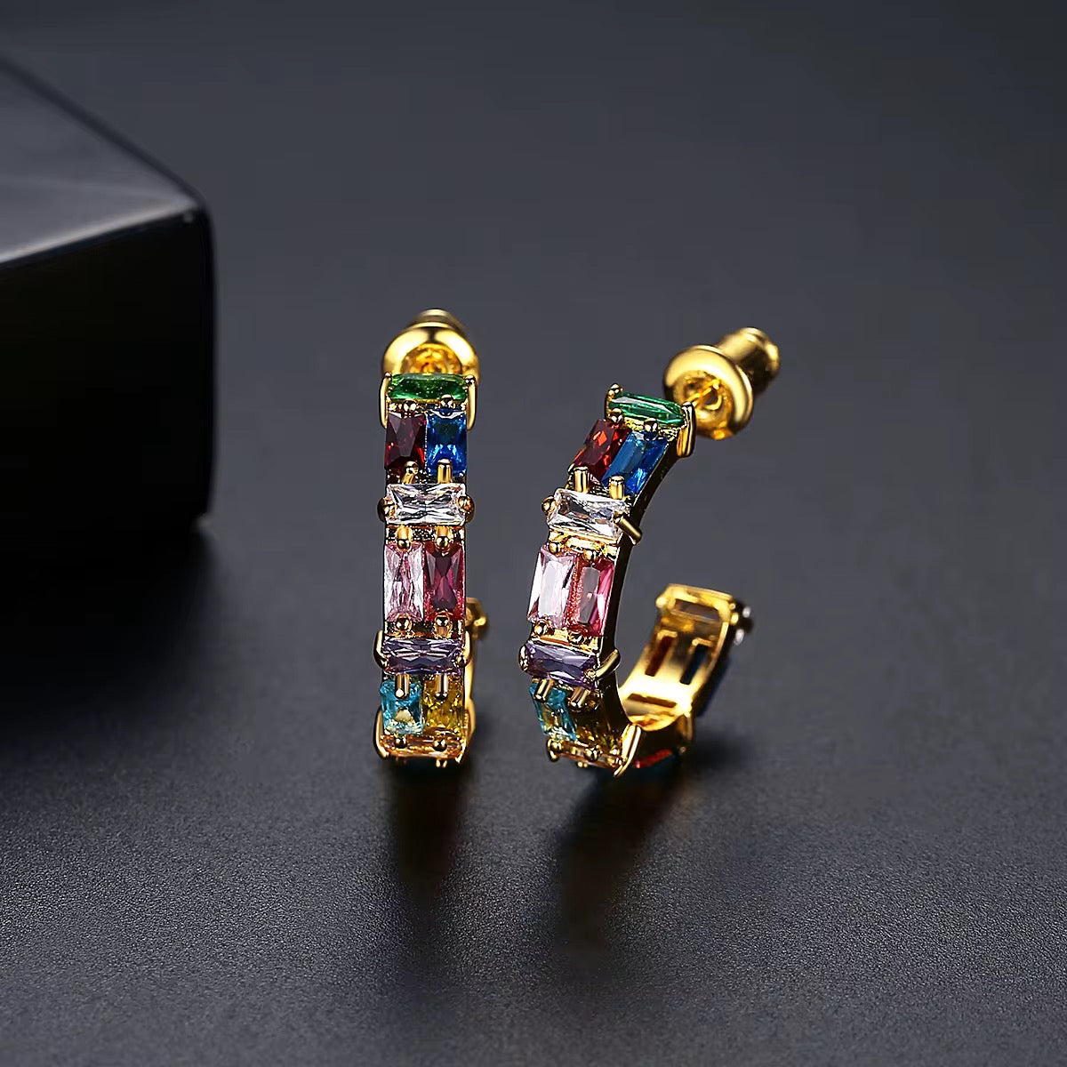 Rainbow Geometric Emerald Cut Hoops
