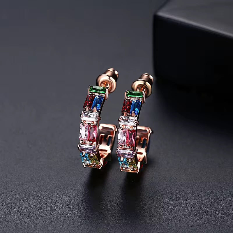 Rainbow Geometric Emerald Cut Hoops