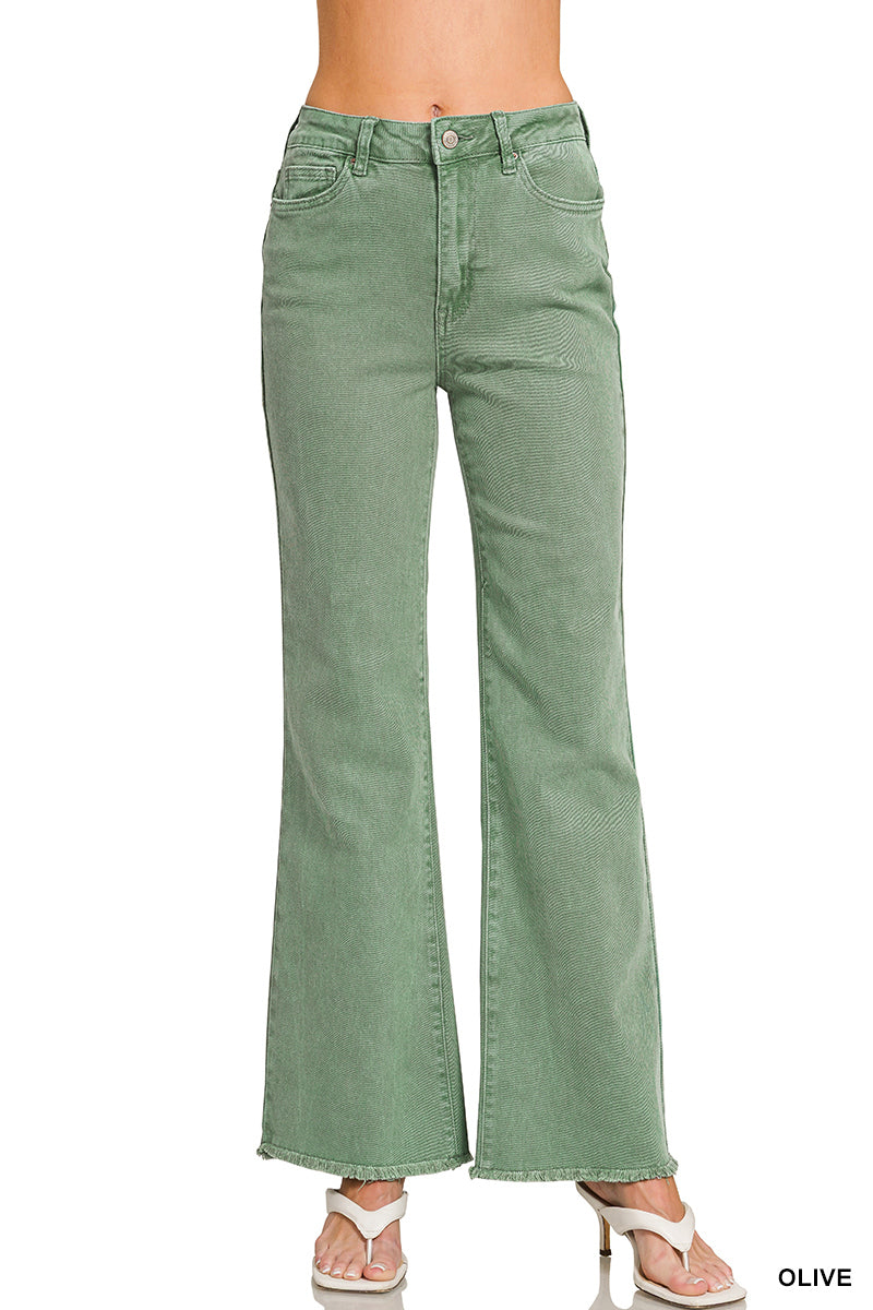 Olive Frayed Hem Straight Wide Pants