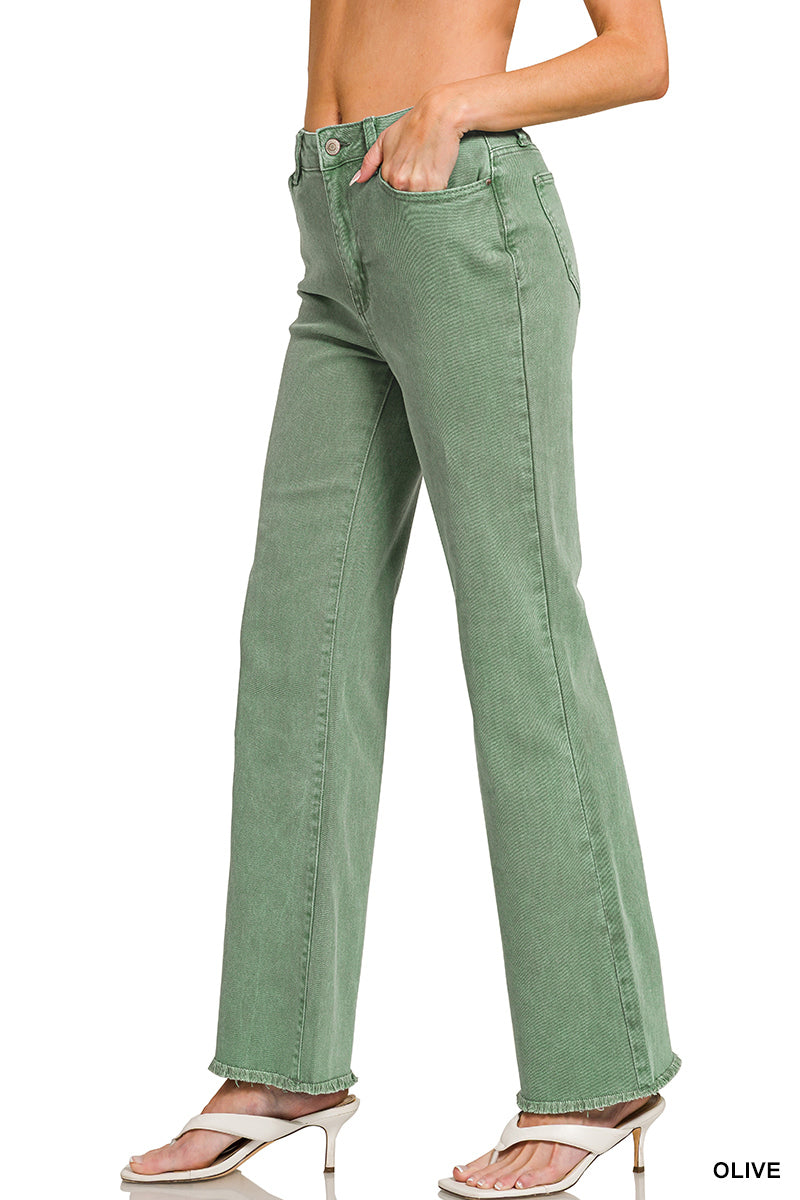 Olive Frayed Hem Straight Wide Pants